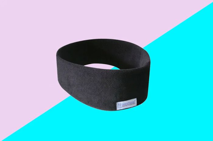 Black fleece headband with built-in headphones