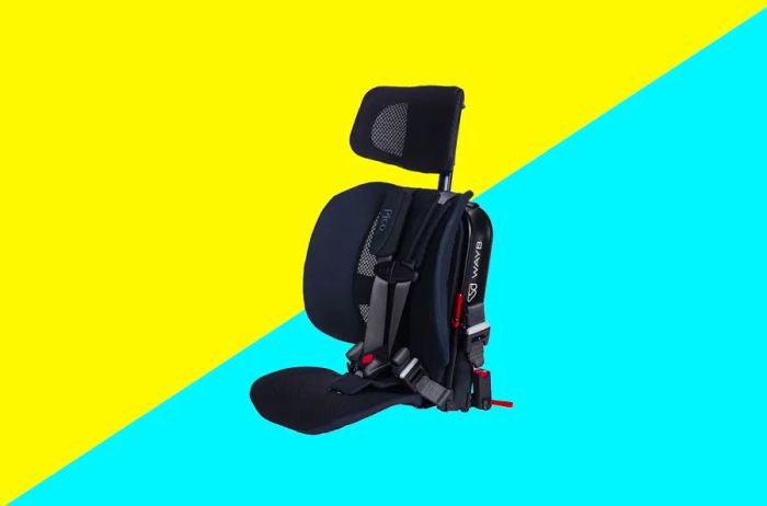 A black car seat with a headrest for added comfort and safety during travel.