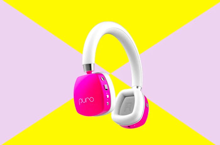 A pair of pink and white wireless headphones designed specifically for kids.