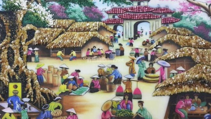 Khung cảnh chợ Tết nhộn nhịp, người dân bận rộn chọn lựa đồ ăn và các vật dụng cho ngày Tết