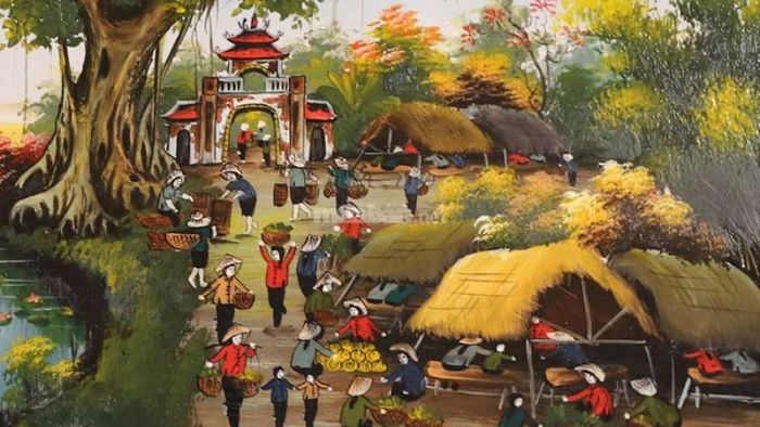 Khung cảnh chợ Tết đông đúc, đầy sắc màu và không khí lễ hội