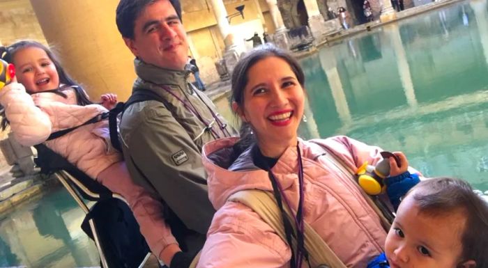 The couple began to include their children in their travels. Here’s the family enjoying a vacation in 2019 in the historic city of Bath, England.