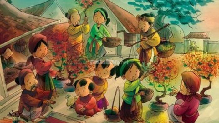 Tranh vẽ cảnh mọi người cùng nhau chuẩn bị nguyên liệu gói bánh chưng