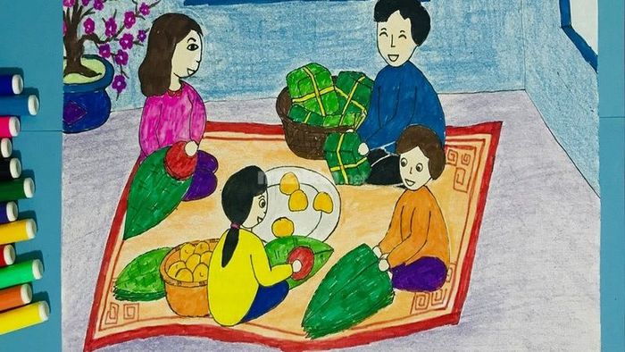 Bức tranh miêu tả khoảnh khắc gói bánh chưng truyền thống trong gia đình