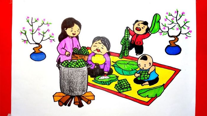 Tranh vẽ mọi người chung tay gói bánh chưng, tạo nên không khí vui vẻ ngày Tết
