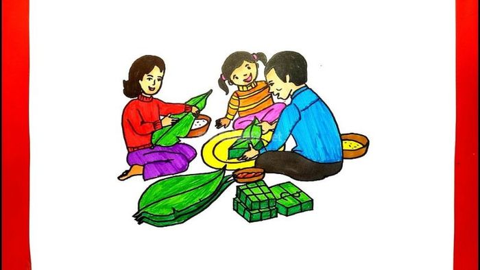 Khung cảnh gia đình sum vầy cùng nhau gói bánh chưng đón Tết