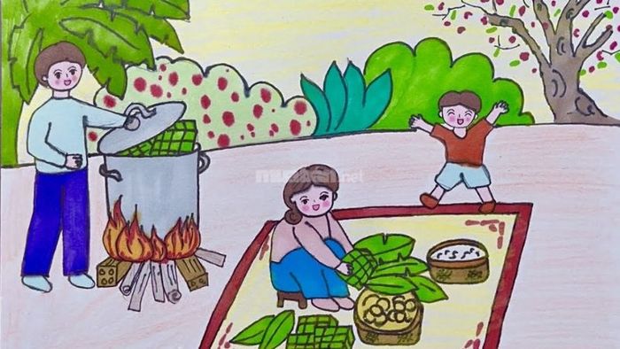 Bức tranh tái hiện khoảnh khắc gia đình cùng nhau gói bánh chưng ngày Tết
