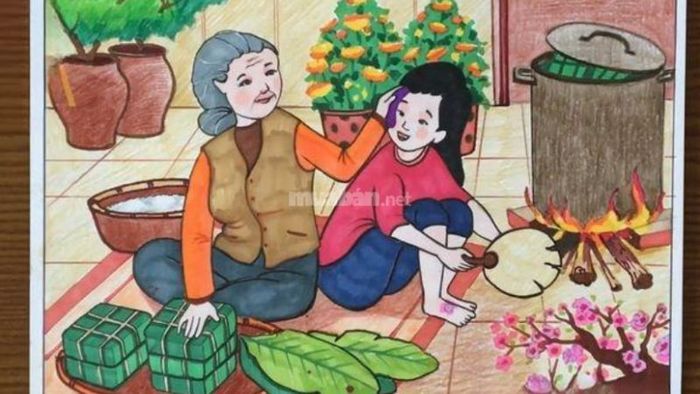 Tranh vẽ cảnh gói bánh chưng truyền thống trong không khí Tết đoàn viên