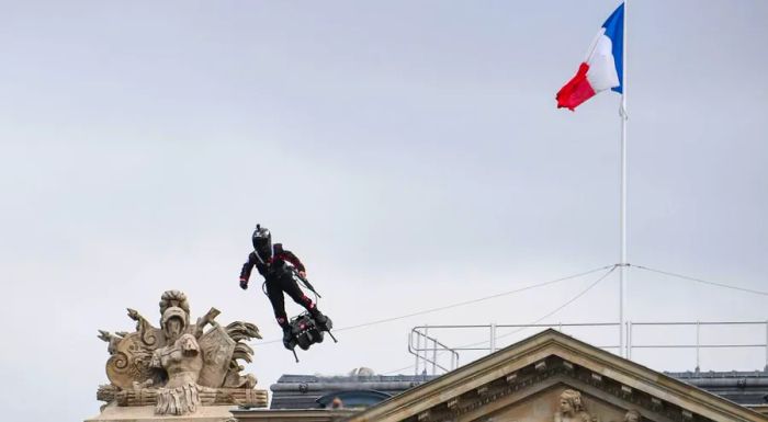 Zapata showcased the Flyboard Air during the Bastille Day celebrations on July 14.