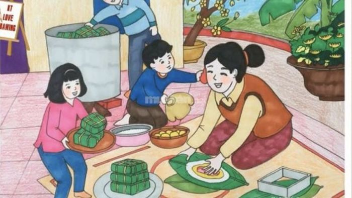 Tranh vẽ khoảnh khắc gói bánh chưng vào dịp Tết Nguyên Đán