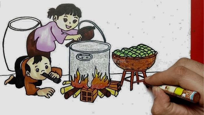 Hoàn thiện và hoàn chỉnh bức tranh gói bánh chưng ngày Tết, mang đến vẻ đẹp trọn vẹn
