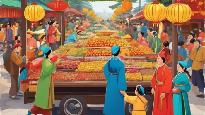 Cảnh các gia đình đang tích cực chuẩn bị cho mùa lễ hội Tết đầy sống động