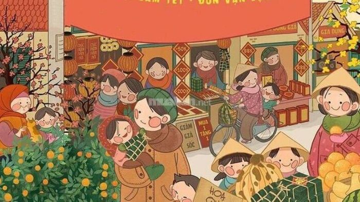 Bức tranh mô tả cảnh người dân tất bật chuẩn bị đón Tết