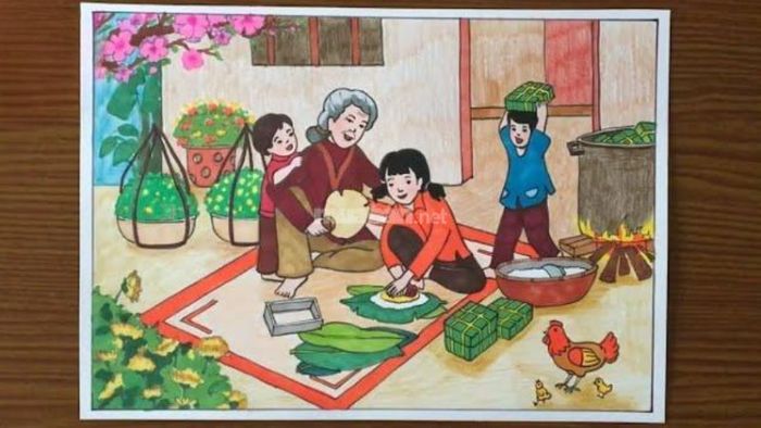 Tranh vẽ cảnh gói bánh chưng trong dịp Tết Nguyên Đán