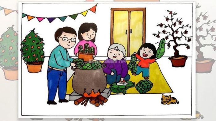 Hình ảnh mọi người quây quần cùng nhau gói bánh chưng, tạo không khí ấm áp ngày Tết