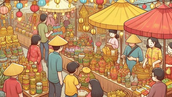 Khung cảnh chợ Tết rực rỡ, đầy màu sắc và không khí lễ hội