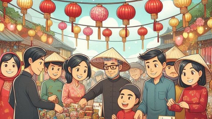 Tranh miêu tả những hoạt động mua sắm sôi nổi trong ngày Tết