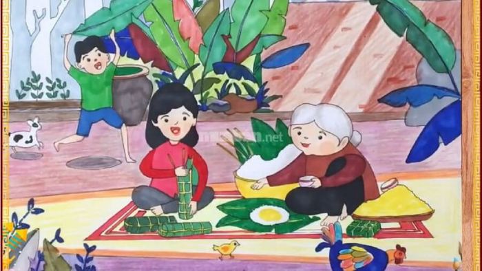 Khung cảnh gói bánh chưng trong không khí Tết Nguyên Đán