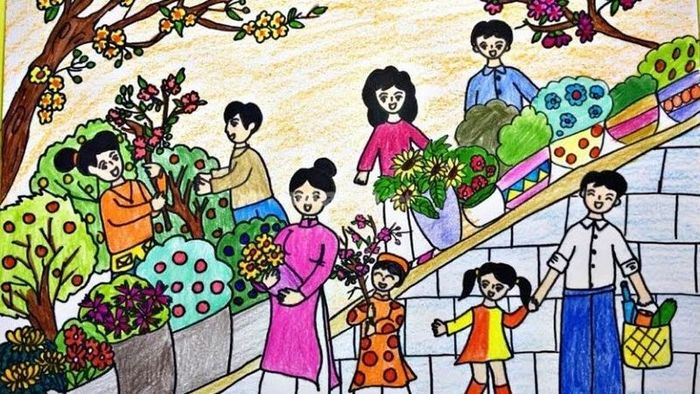 Tranh vẽ niềm vui tươi của mọi người khi đi sắm sửa đồ đón Tết