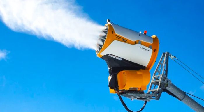 A snow gun in operation at the Font-Romeu ski resort in southern France.