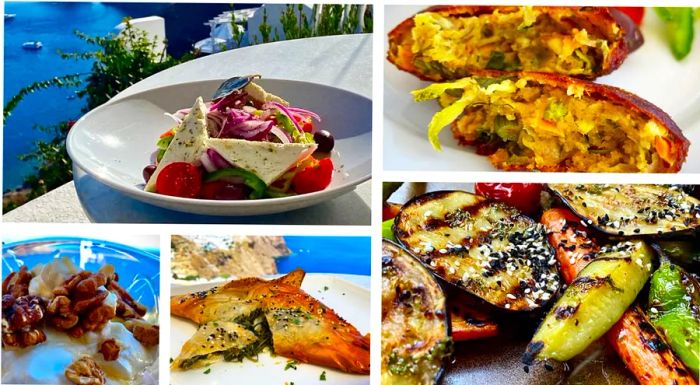 Here’s a spread of Greek delicacies paired with a breathtaking view of Santorini’s cliffs: (clockwise from top left) horiatiki salad, zucchini fritters, grilled vegetables, spanakopita, and creamy Greek yogurt.