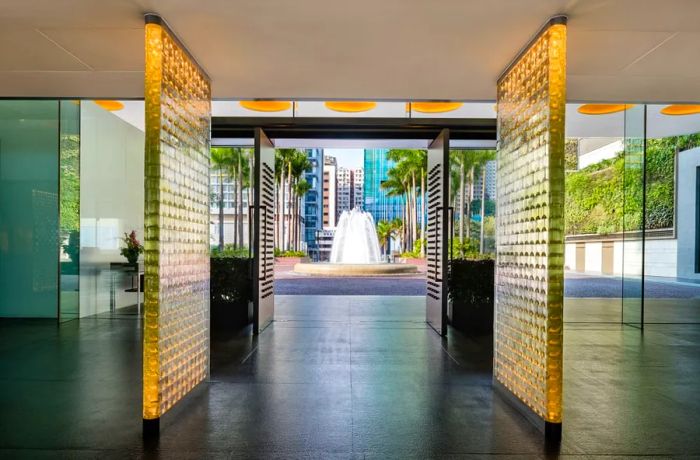 The Feng Shui fountain, which was a hallmark of the original Regent, continues to help mask street noise for guests as they enter the hotel.