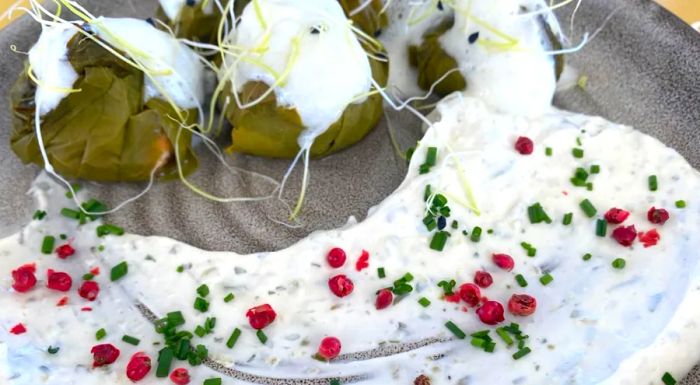 Delicate shrimp-stuffed dolmades with grains were topped with lemon foam and accompanied by a generous dollop of tzatziki sauce.