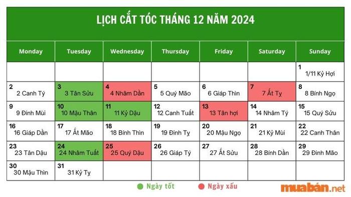 Ngày tốt cắt tóc trong tháng 12 năm 2024