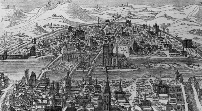 A map of Paris from around 1600, with Notre Dame prominently positioned at its heart.