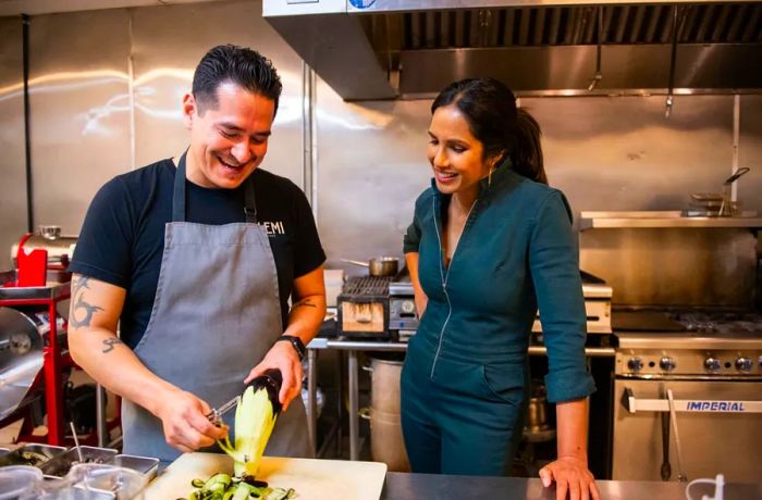 In the premiere episode of 'Taste the Nation,' Padma Lakshmi cooks with Emiliano Marentes, the Mexican-American owner of ELEMI, a restaurant in El Paso, Texas.