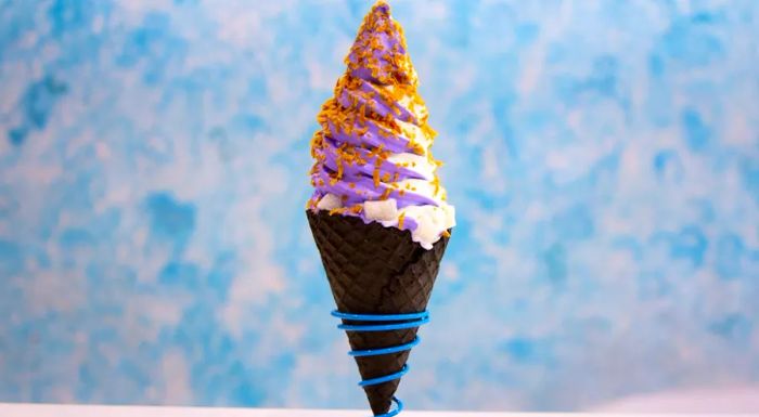 The Woodside, a standout creation from Soft Swerve, features rich ube purple yam ice cream topped with toasted coconut and chewy mochi for an unforgettable treat.