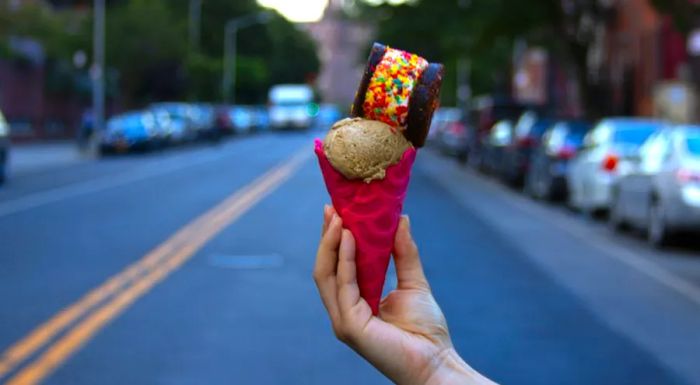 A Vietnamese coffee-flavored ice cream topped with an ice cream sammie is a signature treat at Ice & Vice.