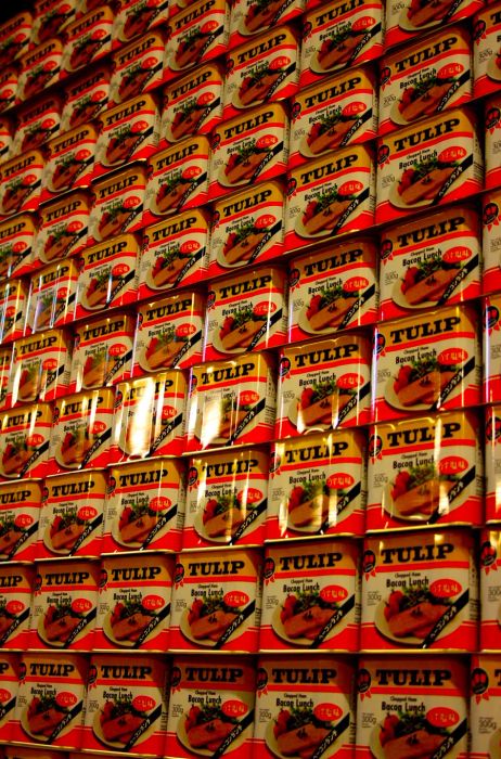 Cans of Tulip Pork Luncheon Meat displayed at a Danish Crown facility in Vejle, Denmark.