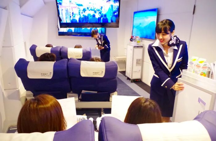 First Airlines recreates the interior of an authentic airplane cabin.