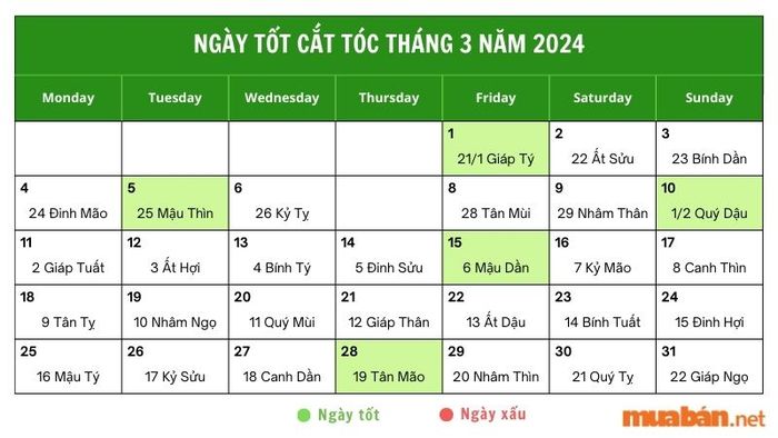 Ngày đẹp để cắt tóc tháng 3 năm 2024
