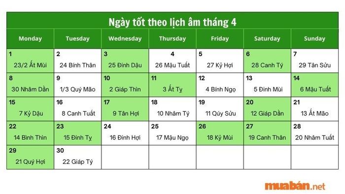 Những ngày tốt trong lịch âm tháng 4