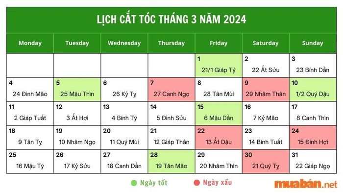 Lịch ngày cắt tóc tháng 3 năm 2024