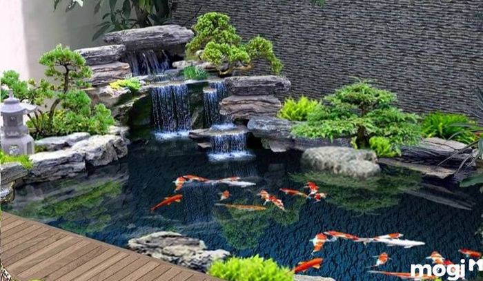 Mẫu thiết kế chiếu sáng sân vườn với hồ cá tạo ra không gian thư giãn đầy quyến rũ, kết hợp ánh sáng tinh tế làm nổi bật vẻ đẹp của hồ