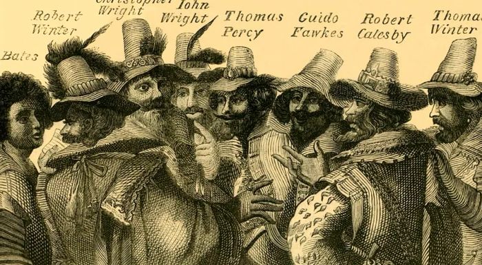 A depiction of Guy Fawkes alongside the other conspirators involved in the ill-fated Gunpowder Plot of 1605.