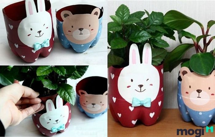 Tái chế chai nhựa thành chậu cây với hình dáng thú vật thật đáng yêu.