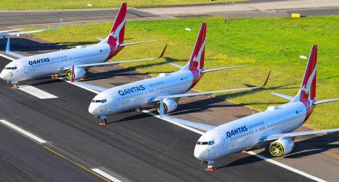 A Qantas 737-800 aircraft sits grounded on the tarmac at Sydney Airport on May 20, 2020, in Sydney, Australia.