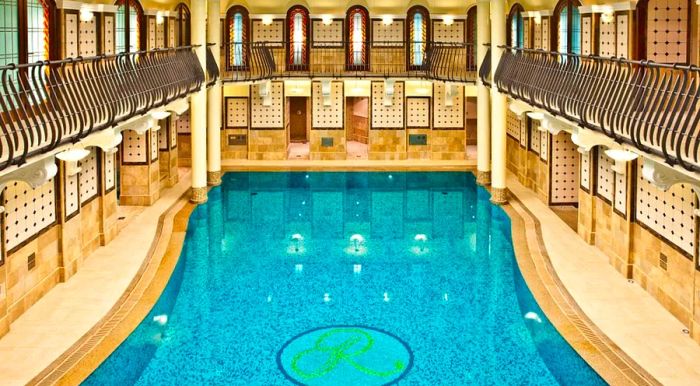 The Royal Spa at the Corinthia Hotel Budapest boasts a stunning 15-meter swimming pool with a gallery.