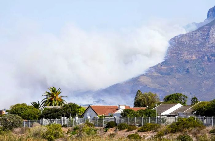 Thick smoke billows from Table Mountain in Cape Town.