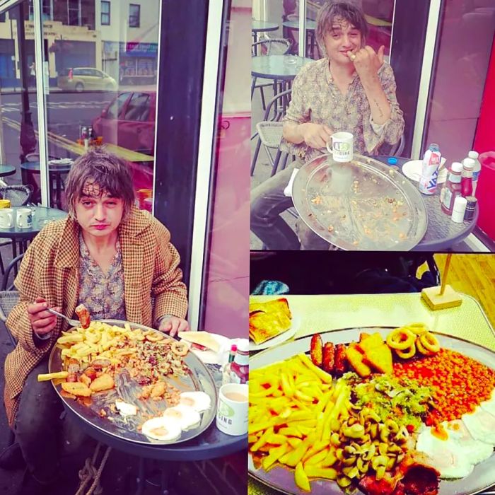 Rock musician Pete Doherty is photographed devouring a ‘mega breakfast’ at the Dalby Cafe in Margate.