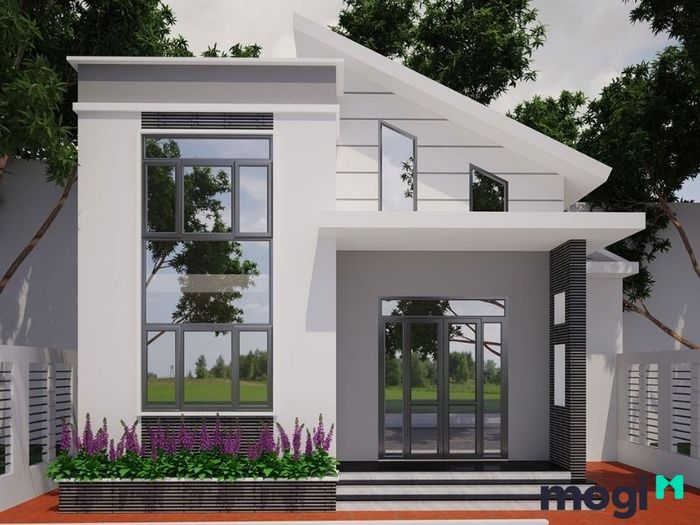Mặt tiền của nhà cấp 4 với mái lệch độc đáo.