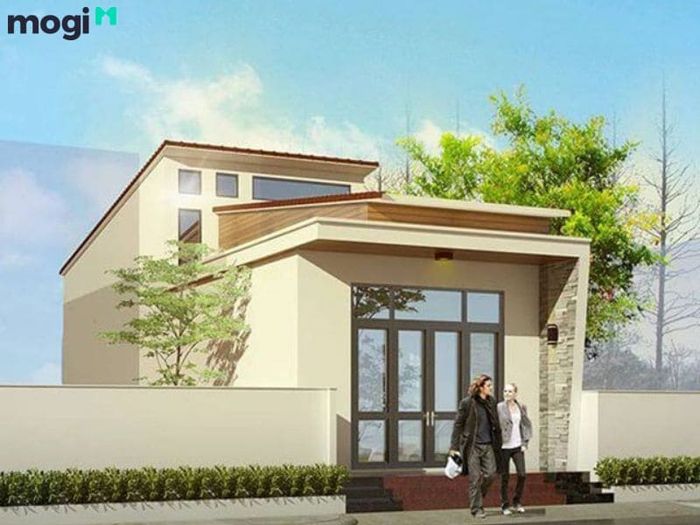 Mặt tiền của ngôi nhà có gác lửng.