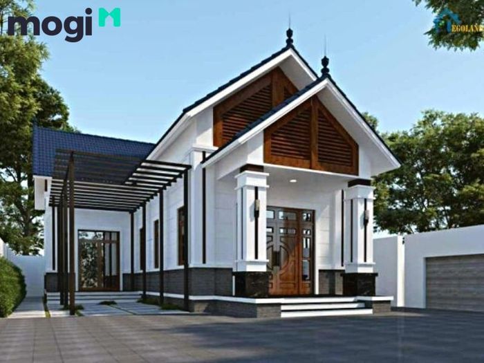 Mặt tiền của ngôi nhà với mái tôn hiện đại.