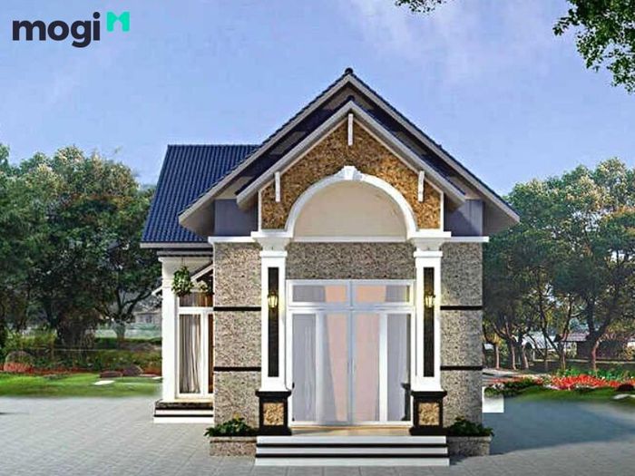 Nhà cấp 4 mái tôn màu xanh, phong cách Châu Âu sang trọng.