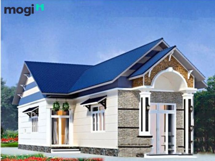 Nhà cấp 4 mái tôn màu xanh phong cách Châu Âu sang trọng.