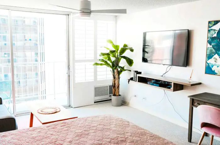 Inside a bright white studio apartment featuring floor-to-ceiling windows, a tall potted plant, and a TV next to a desk.